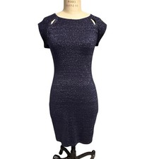 EXPRESS Navy Blue Sparkle Knit Sheath Dress Short Sleeve Cutout Neckline Women S