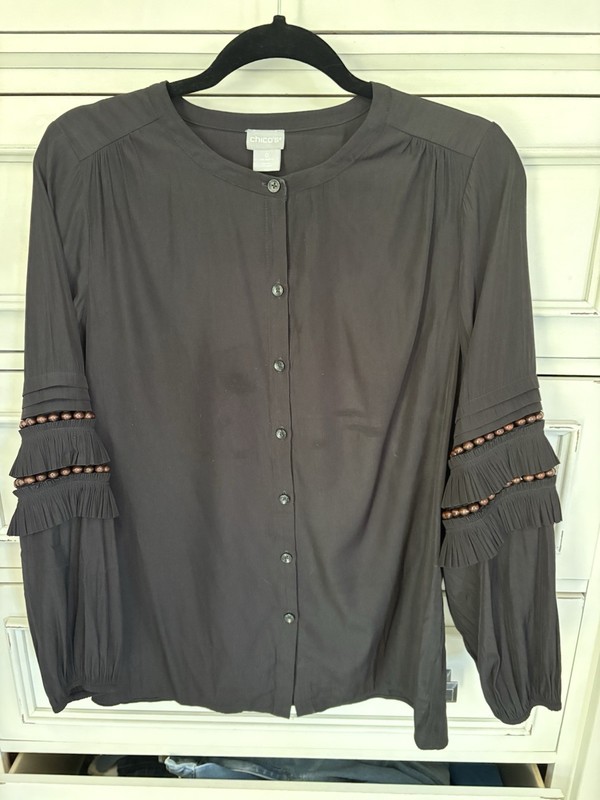 Chico’s Blouse Size 0• Black Boho  Top With Brown Wooden Beaded Trim On Sleeves
