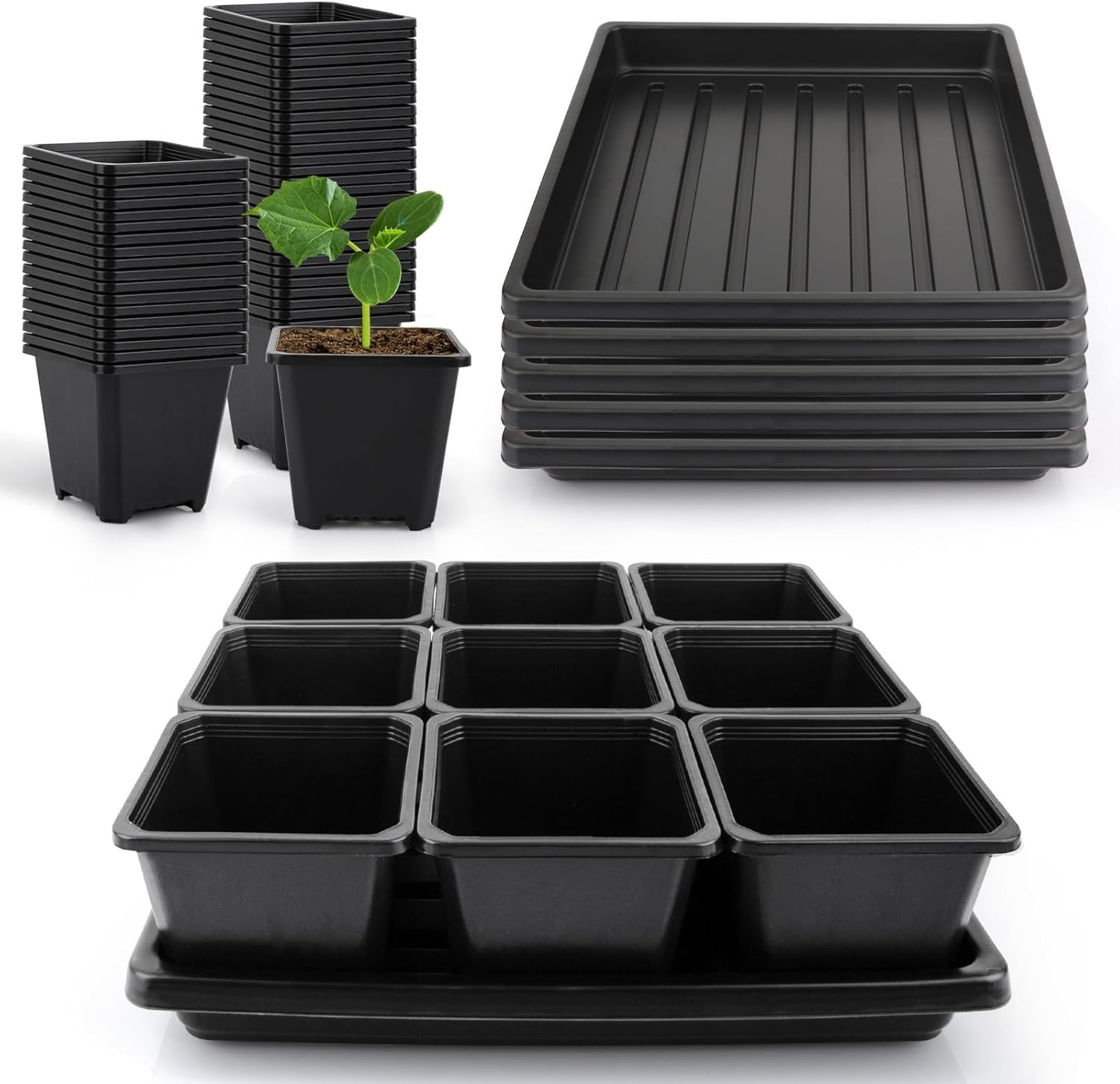 50Pcs 3.5inch Square Nursery Pots with 5Pcs Seed Starting Trays, Seed Starter Tr