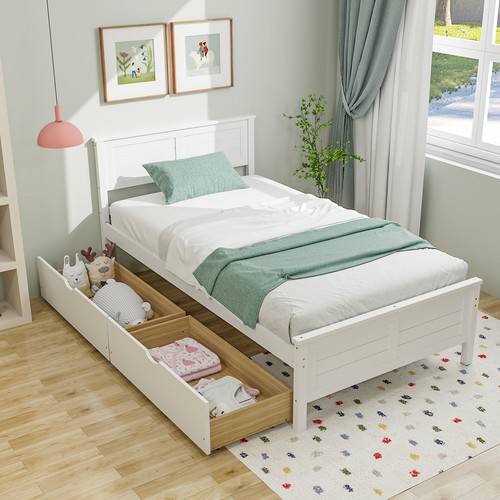 Twin Size Wooden Bed Frame with 2 Storage Drawers & Under-bed Storage White - Picture 3 of 11