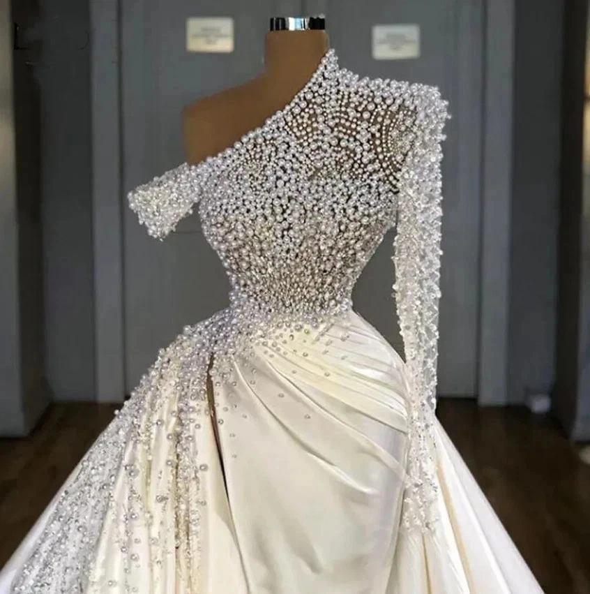 Pearls Mermaid Wedding Dress Full Beading One Shoulder Long Sleeve Birdal Gowns - Image 2 of 4