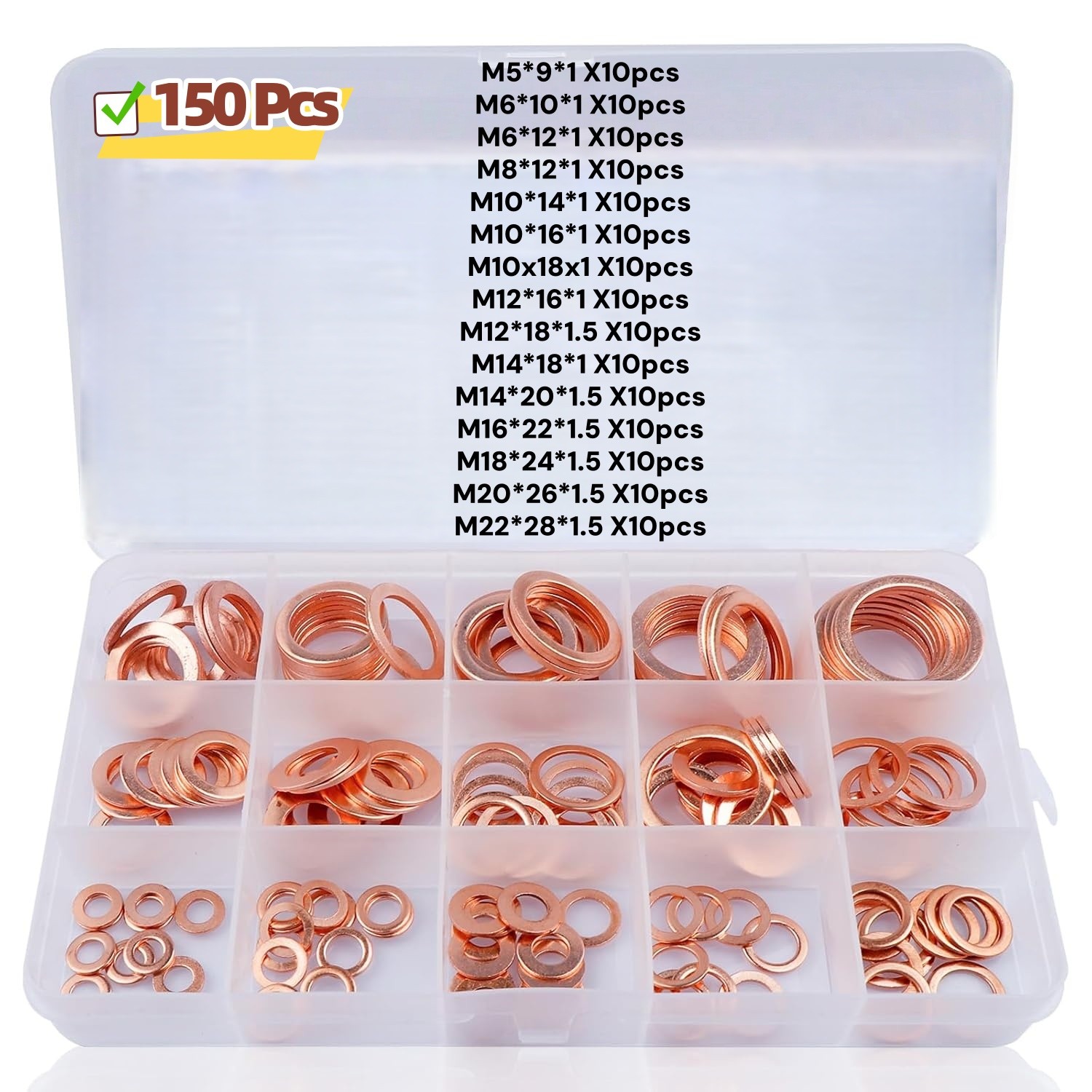 150PCS Copper Crush Washers Assortment Kit M5-M22 Metric Flat Gaskets
