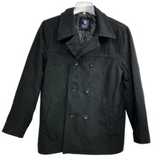 Chaps Jacket Mens Medium Black Wool Blend Pea Coat Double Breasted Lined