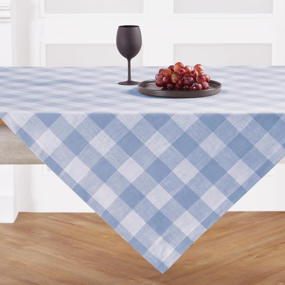 Linen Checkered Tablecloth 52 x 52 Inch - 100% Pure Linen Chambray Blue and W... - Image 3 of 4