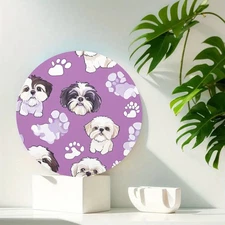 1pc Round Metal Wall Art - Seamless Puppy Paw Design, Durable Aluminum, Classic