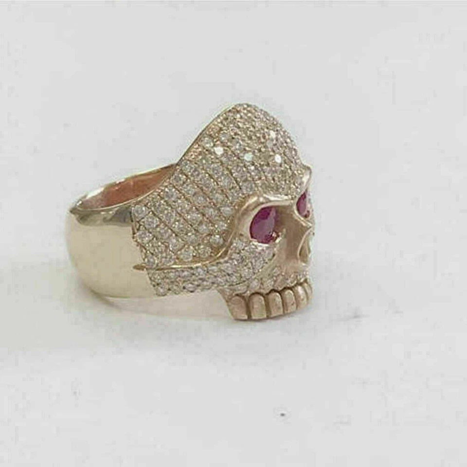 2.50 CT Simulated Red Ruby Men's Skull Wedding Band Ring 14K Yellow Gold Plated - Image 3 of 4