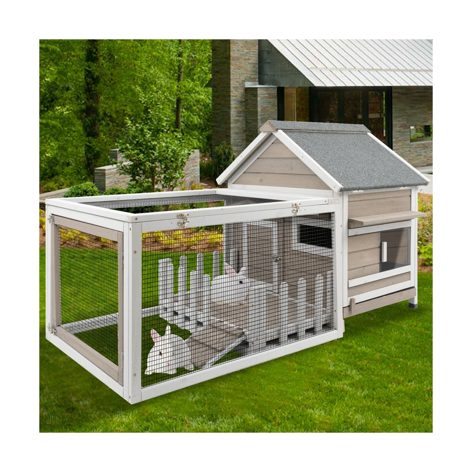 PetsCosset Large Rabbit Hutch with White Picket Fence Front Porch Rabbit Cage... eBay