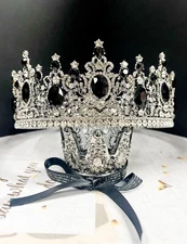 Royal King Crown, Black Crystal Crown, Silver Wedding Crown, Prom Crown, XL Size