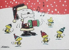 Pkg of 10 Hallmark Snoopy & Woodstock Music Glitter Blank Christmas Notecards