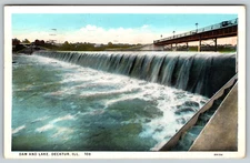 c1930s Dam Lake Decatur Illinois Weir Bridge Vintage Postcard