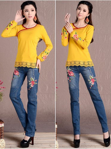 Tops Blouse Chinese Embroidery Retro Womens Cotton Long Sleeve T-shirt Folk New - Picture 16 of 18