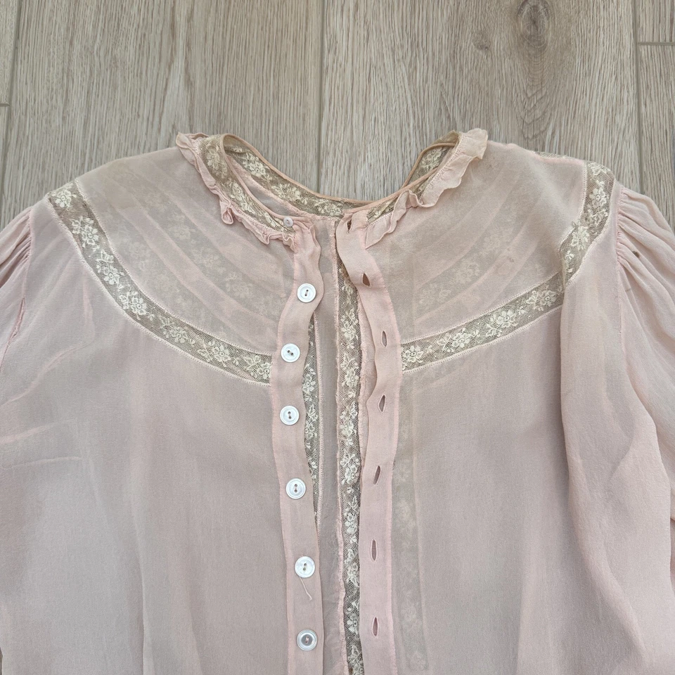 Antique 1920s Button Down Silk Lace Blouse Blush Pink Balloon Sleeve Flapper - Image 3 of 4