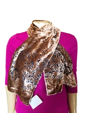 Scarf Women's Beige Tan Ornate Floral Velvet Lightweight 52"x11.5" Vintage