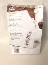 Plaid Bucilla Two White Stamped Embroidery Pillowcases Swirl Flowers 45081 NEW 