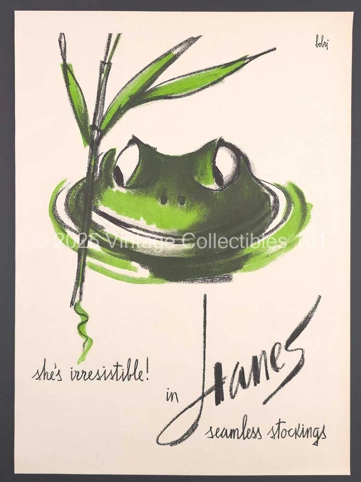 Medias Hanes 1962 grandes lindas verdes sonrientes toro rana estanque pantano naturaleza arte anuncio Foto 2 de 4