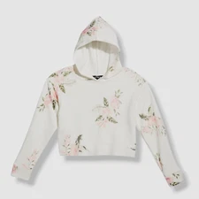 $72 FBZ Kids Girls White Floral-Print Cropped Hoodie Sweater Size 5