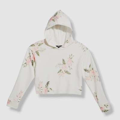 $72 FBZ Kids Girls White Floral-Print Cropped Hoodie Sweater Size 5