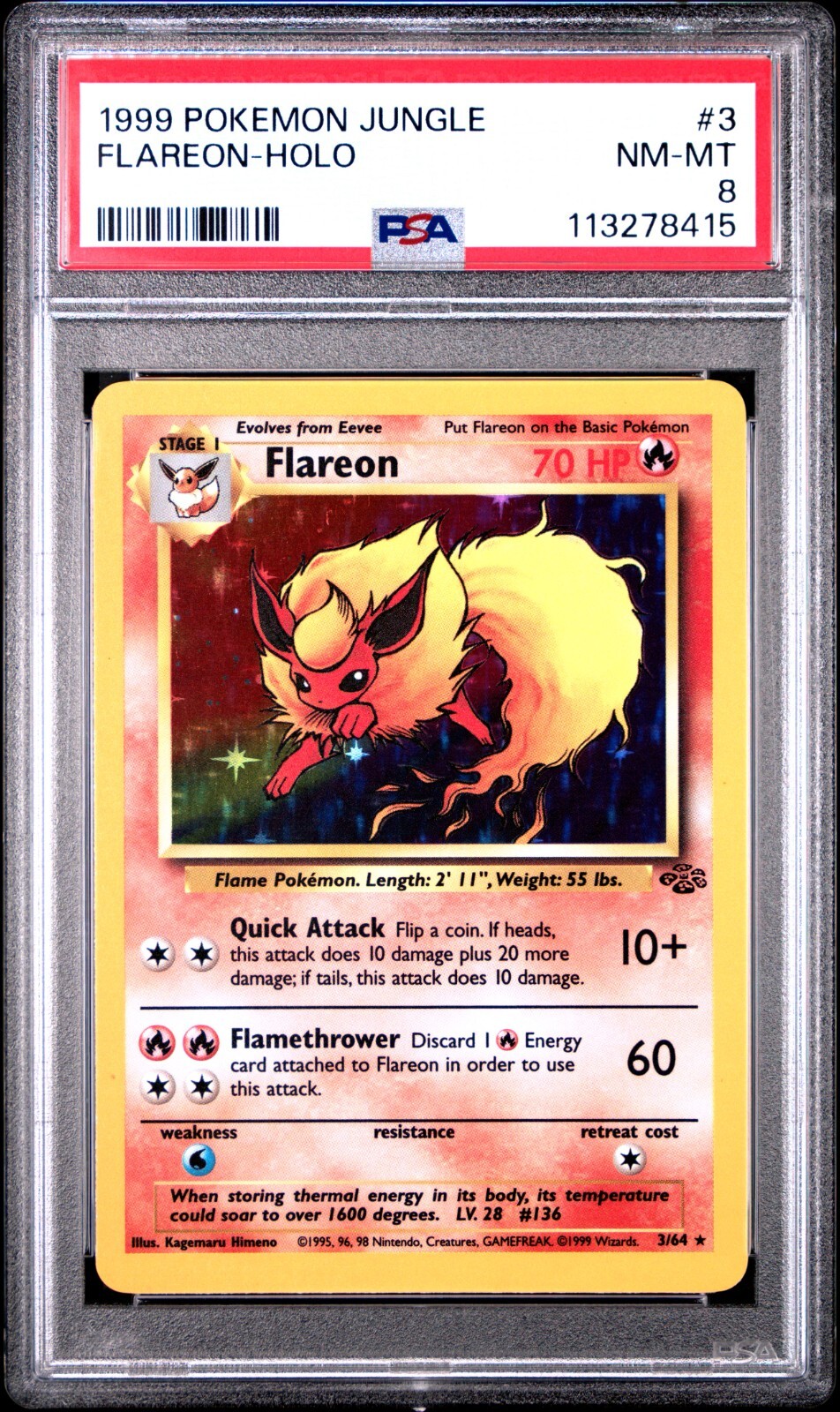 PSA 8 Flareon Holo 3/64 Jungle 1999 Pokemon Card