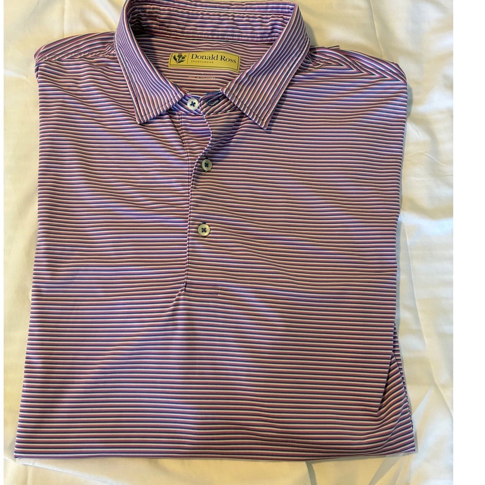 Camisa polo de golf Donald Ross a rayas púrpura atlética elástica para hombre talla L Foto 3 de 4