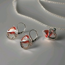Red Colored Heart And Silvertone Rinestones On 20" Necklace, Earrings Set.