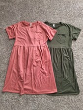 Lot of 2 Flamingo T-Shirt Dresses Pockets BlushPink/Green Bohemian Sz Lrg Modest