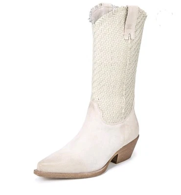 Bota Western Sam Edelman Brenda Blanco Apilado Tacón Punta Punta Tejida Media Pantorrilla - Imagen 1 de 4