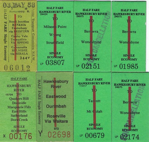 Railway tickets NSWSRA Hawkesbury River various scheme singles used and unused 1