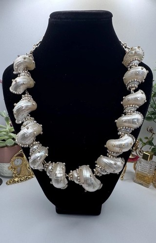 Stunning Statement Multi Sea Shell Pearl And Rhinestone Necklace Jewelry 20"