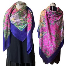 Handprinted Purple/Pink/Yellow Floral Silk Scarf 143cm x 260cm Handroll Hems