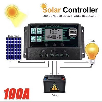 Solar Laderegler 100A PWM LCD 12V/24V Dual USB 5V Smart