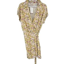 GB Wrap Dress Yellow Pink Floral Collared Short Cuffed Sleeves Mini NWT Size S