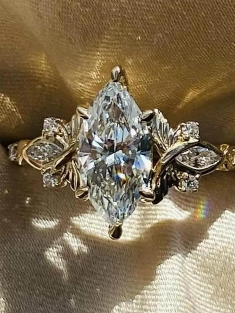 2.50 Ctw Marquise Real Moissanite Women's Engagement Ring 14k Yellow Gold Plated