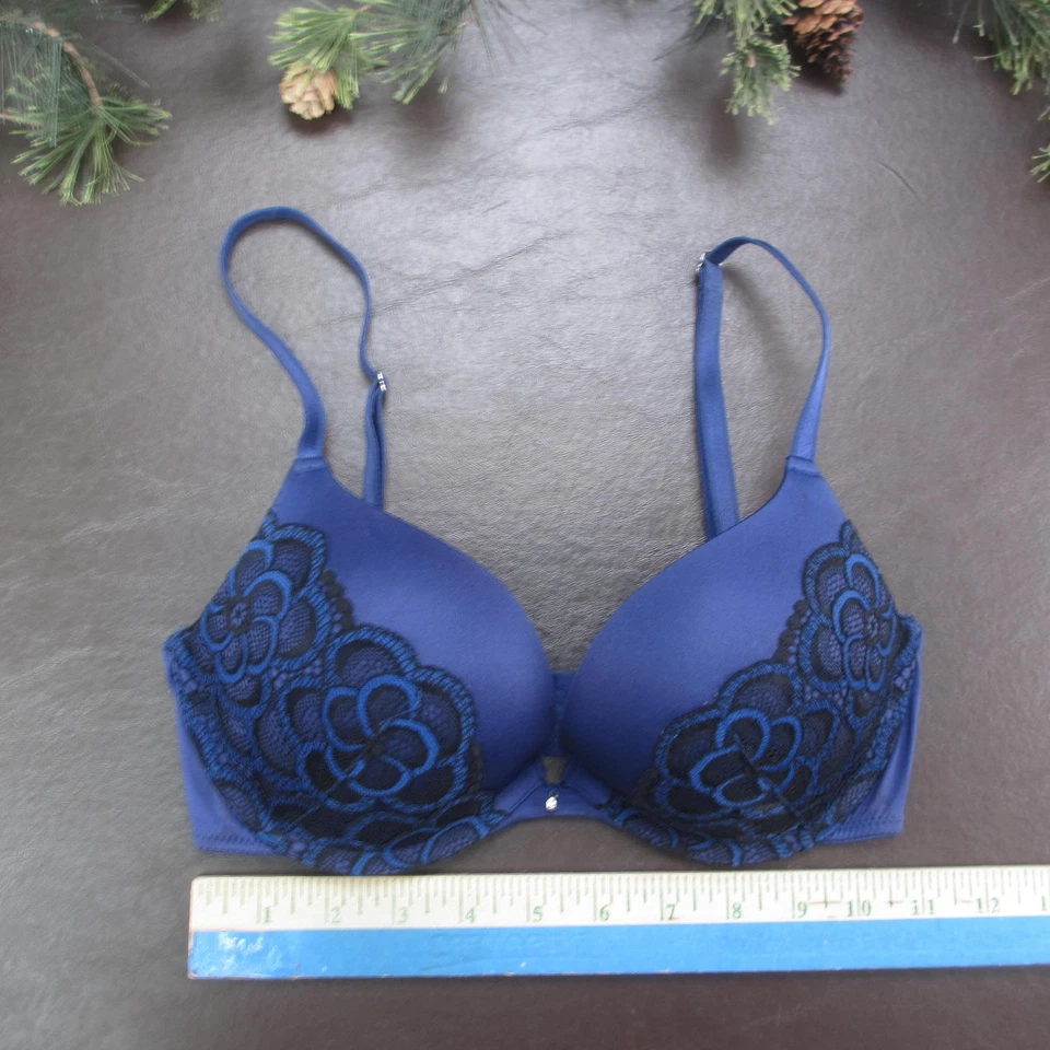 Adore Me Bra Womens 30D Blue Black Lace Push Up Padded Adjustable Straps - Image 2 of 4