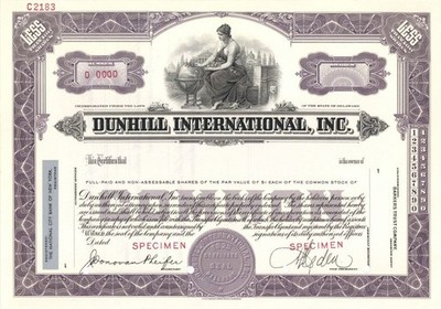 Dunhill International, Inc. - Specimen Stock Certificate - Cigarette Company I