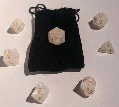 7x Dice Set w/bag DnD D4 D6 D8 D10 D12 D20 D00-90 % RPG Dungeons White/Gold 