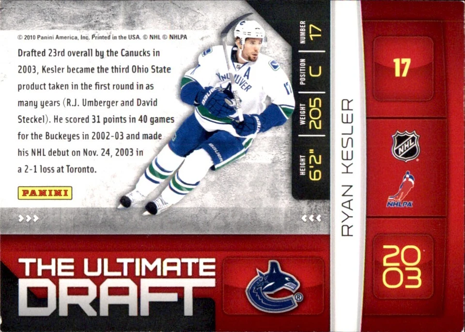 2010-11 Panini Donruss The ULTIMATE DRAFT #17 Ryan Kesler VANCOUVER CANUCKS - Image 2 of 2