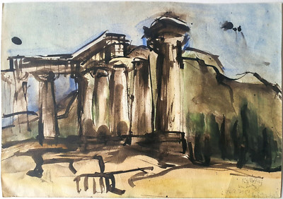 Gemälde Tusche Aquarell Rudolf Rothe Antike Tempelruine Signiert 1971 Nachlass