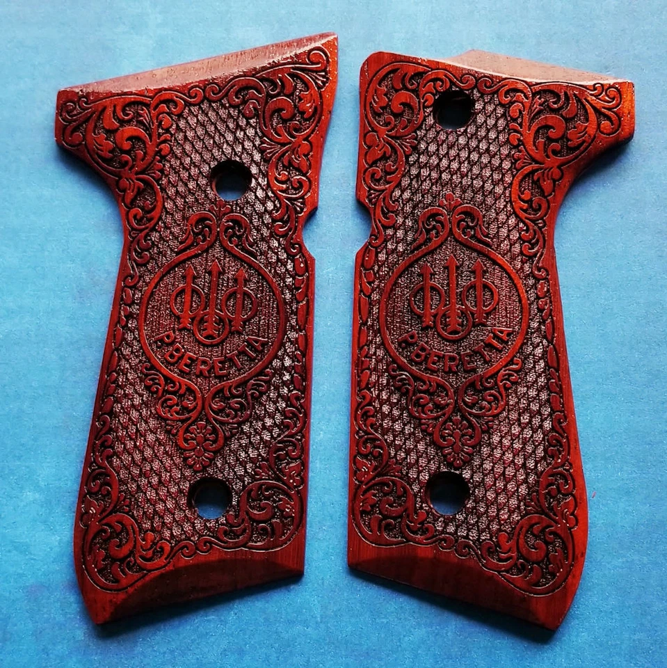 Beretta 92 92FS 96 custom 3d engraved exotic padauk wood grips Trident Checkered - Image 2 of 4