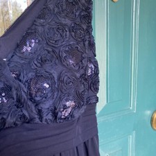 High Low Sequins Sheer Roses Sweet Storm Wrap Navy Blue Sleeveless Gown Womens M