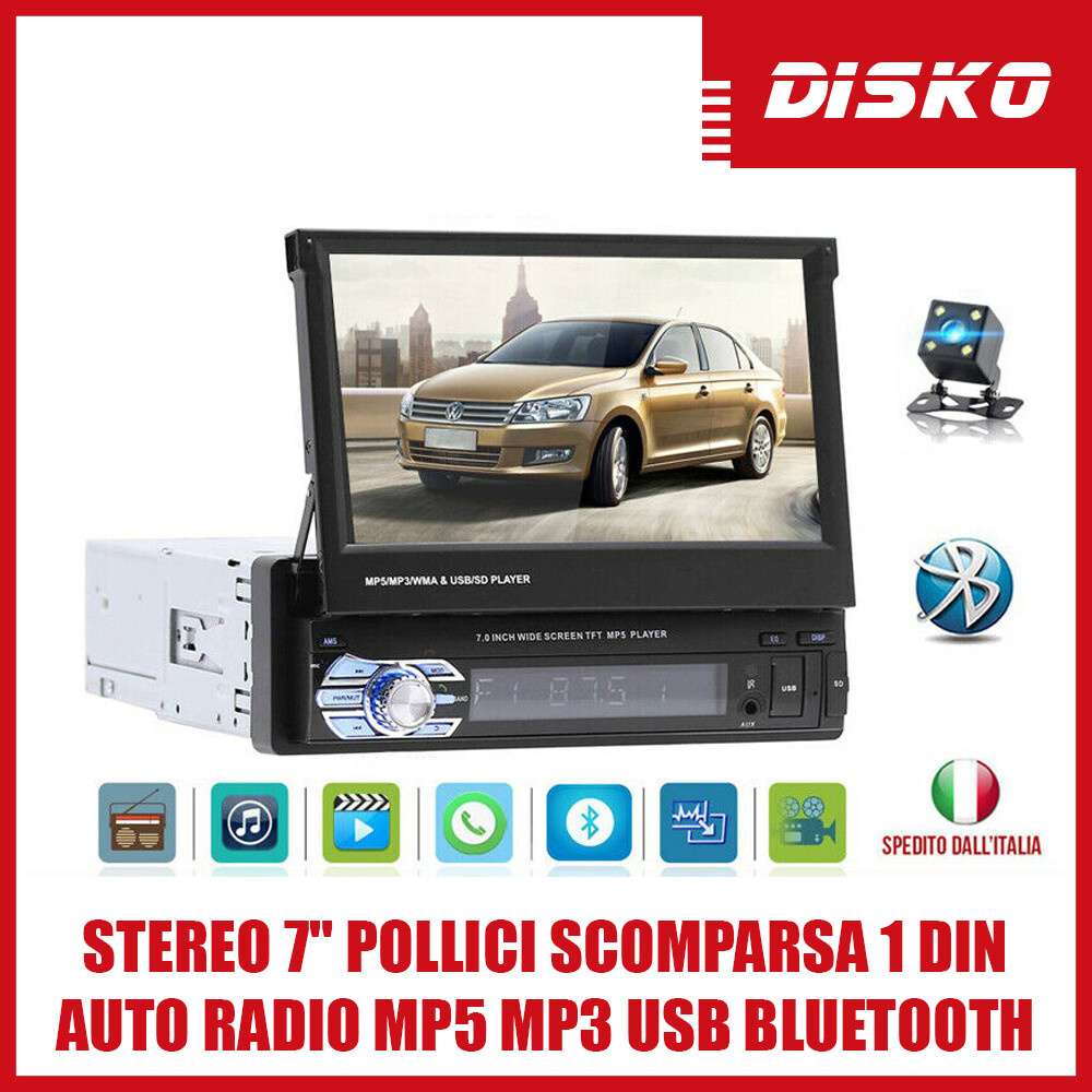 Stereo Auto 1 DIN Monitor 7" Estraibile Bluetooth MP3 USB + Camera