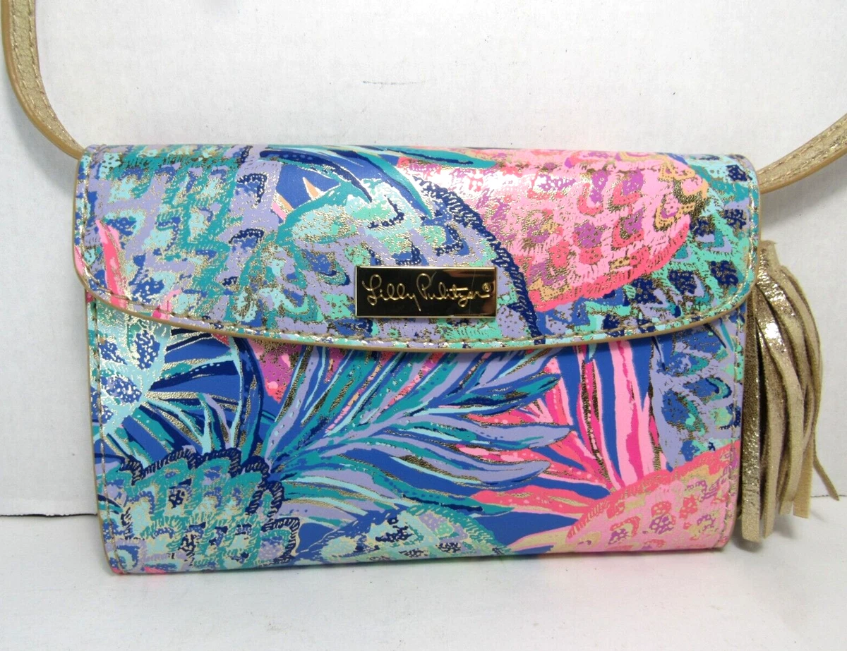 Lilly Pulitzer Floral Crossbody Purse Clutch Bag Gold Strap