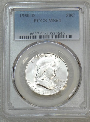 1950-D Franklin Half Dollar PCGS MS64 98% Bell Lines Frosty PQ nouveau support #L144N