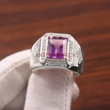 Natural Amethyst Gemstone with 925 Sterling Silver Ring for Men's #3566
