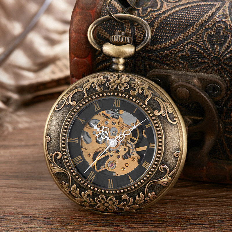 Antique Steampunk Bronze Mechanical Movement Pocket Watch Pendant With Chain