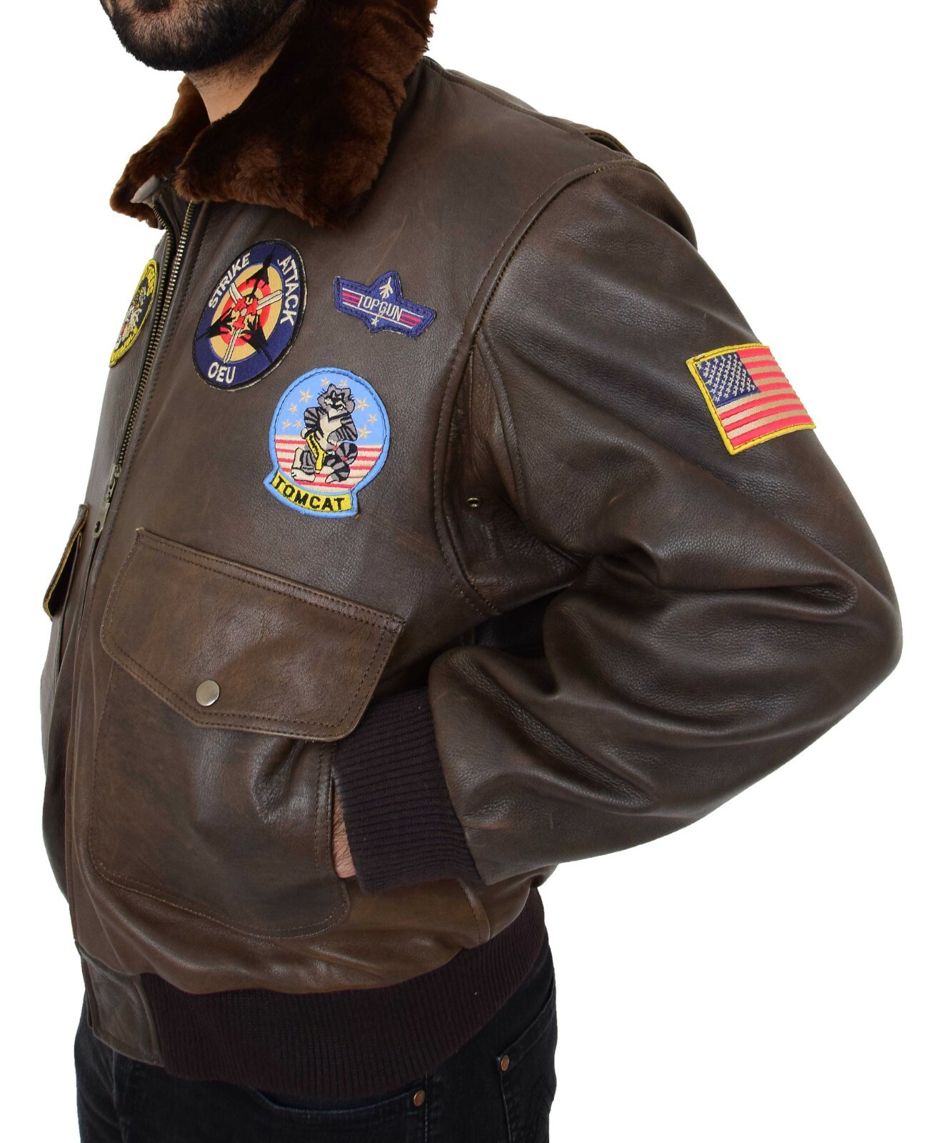 Mens Brown Vintage Leather Pilot Jacket Sheepskin Collar Top Gun Badges