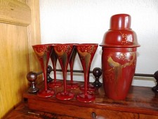 ANTIQUE COCKTAIL SHAKER & FLUTES RARE CIRCA 1910 ART DECO HAND PAINTED LACQUERED
