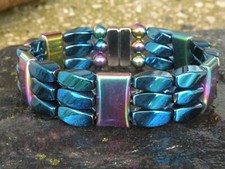 100 Magnetic Hematite Blue n Rainbow Bracelet 3 row USA Handmade