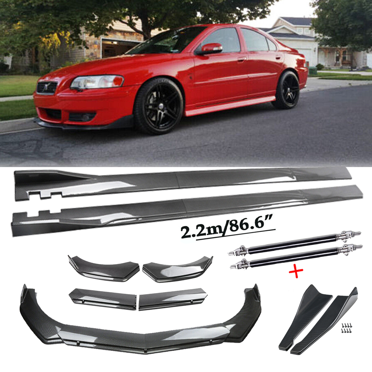 Volvo S40 S60 S70 S80 Carbon Fiber Front Bumper Lip & Side Skirt Spoiler