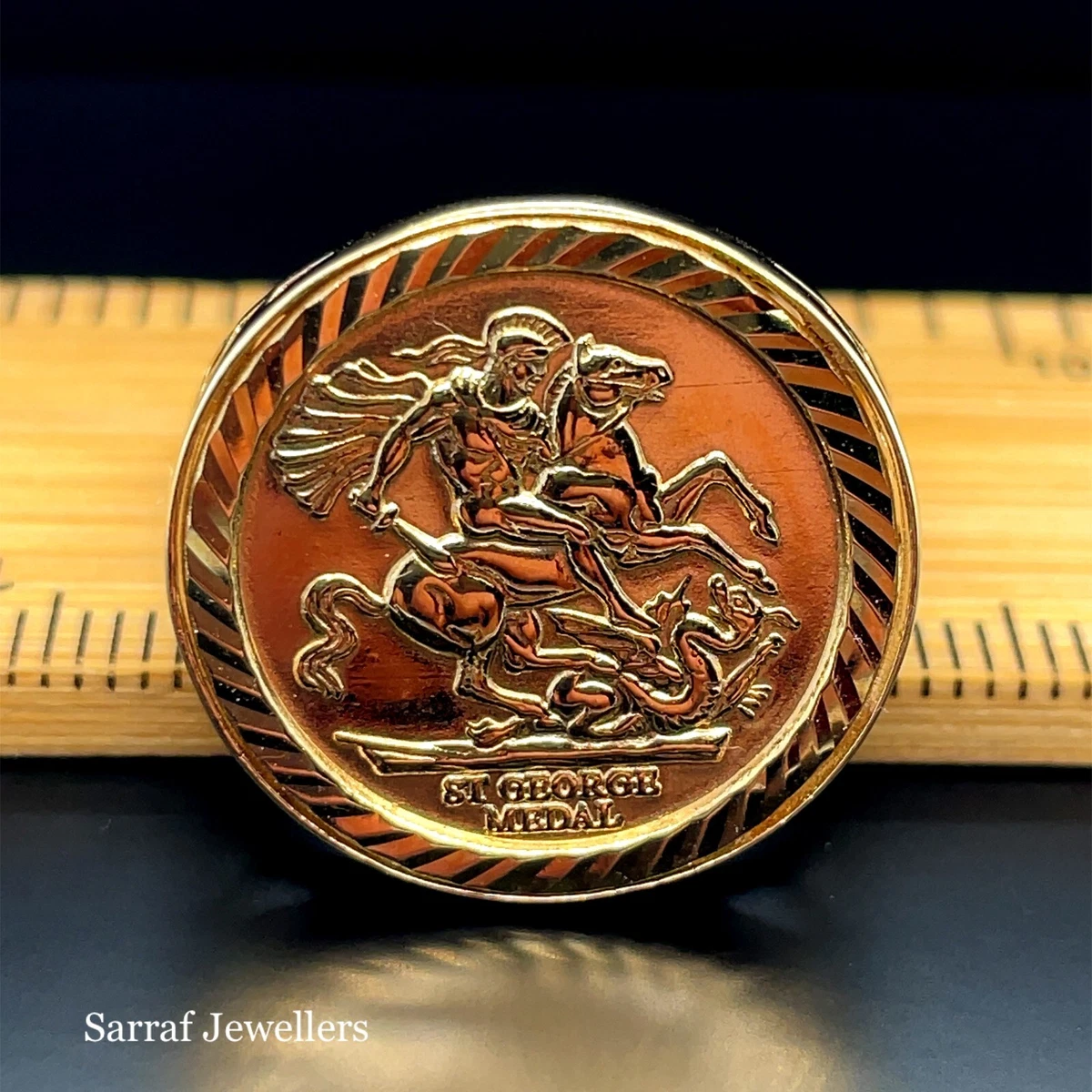 9ct YELLOW GOLD HALF St George SOVEREIGN Size RING CLASSIC Coin Dragon Slayer