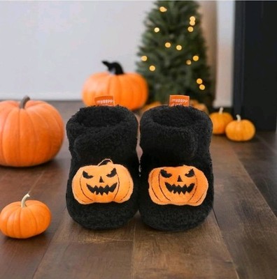 6-12 Month Halloween Baby Shoes Booties Boots Soft Black & Orange Pumpkin 
